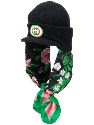Gucci Wool Cap With Silk Scarf Earflaps In Black