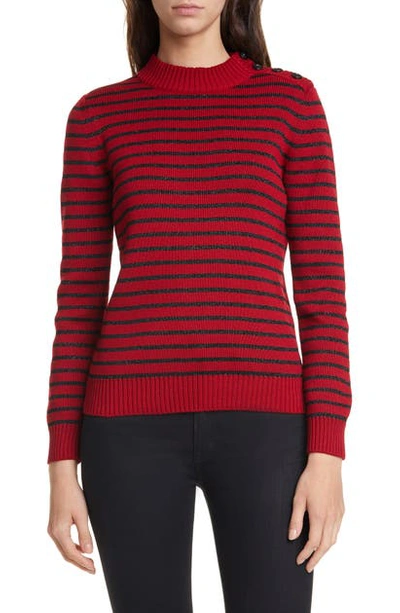 Saint Laurent Shimmer Stripe Cotton & Wool Blend Sweater In Red