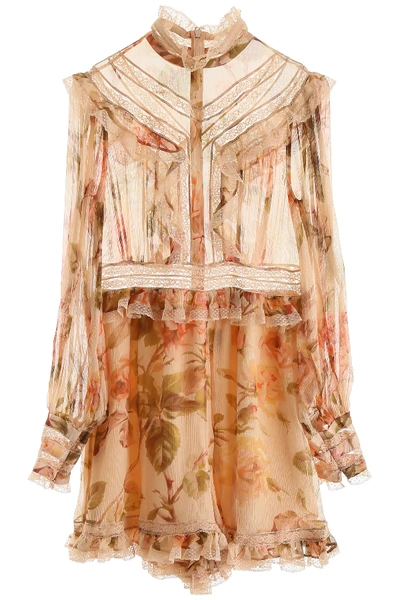 Zimmermann Short Silk Jumpsuit In Beige,orange,pink