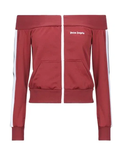 Palm Angels Off-shoulder Full-zip Sweatshirt In Burgundy