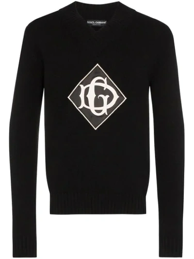 Dolce & Gabbana Wool V-neck Sweater With Patch In Black