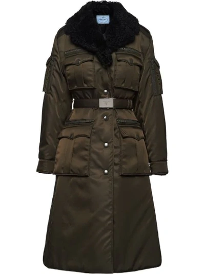 Prada Gabardine Belted Coat In Green