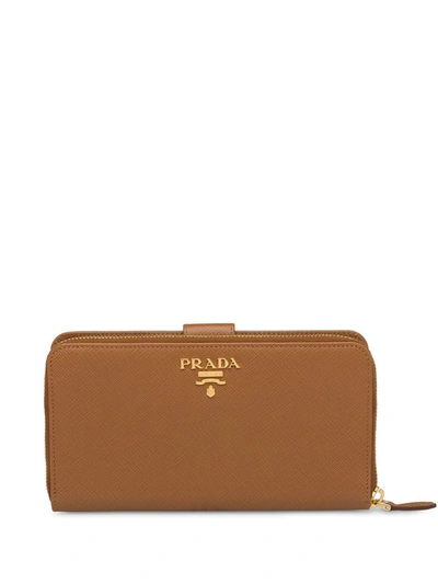 Prada Saffiano Logo Plaque Wallet In Brown