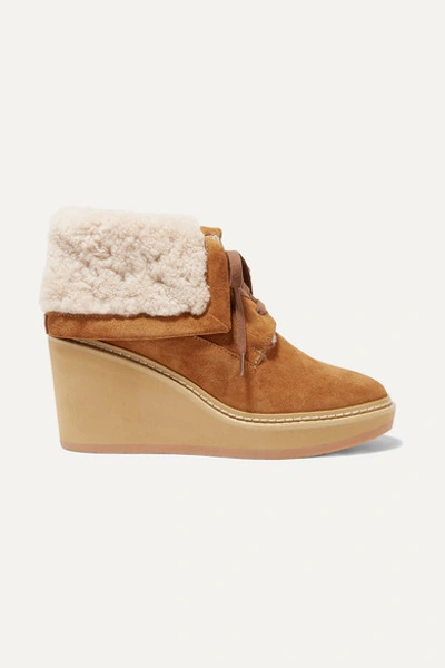 See By Chloé Shearling-trimmed Suede Wedge Ankle Boots In Camel