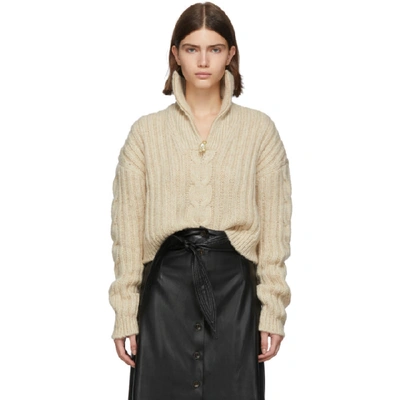 Nanushka Eria Cropped Faux Pearl-embellished Cable-knit Sweater In Beige