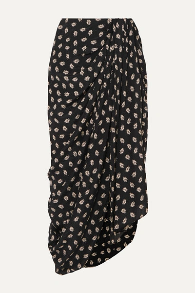 Isabel Marant Candice Draped Floral-print Silk-crepe Midi Skirt In Black