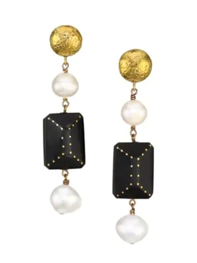 Nest Women's 14mm Baroque Freshwater Pearl & Black Horn Dangle Drop Earrings