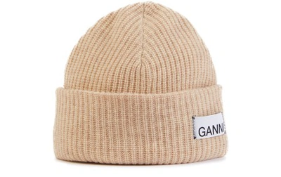 Ganni Logo-patch Wool-blend Beanie Hat In Tapioca
