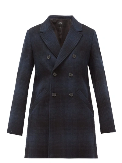 Apc Joan Checked Wool-blend Double-breasted Coat In Dark Navy