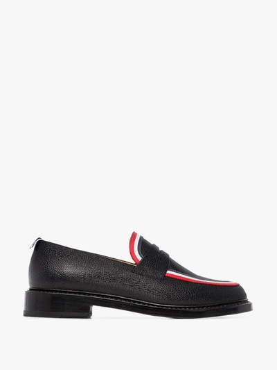 Thom Browne Tricolour-striped Pebbled-leather Penny Loafers In Black