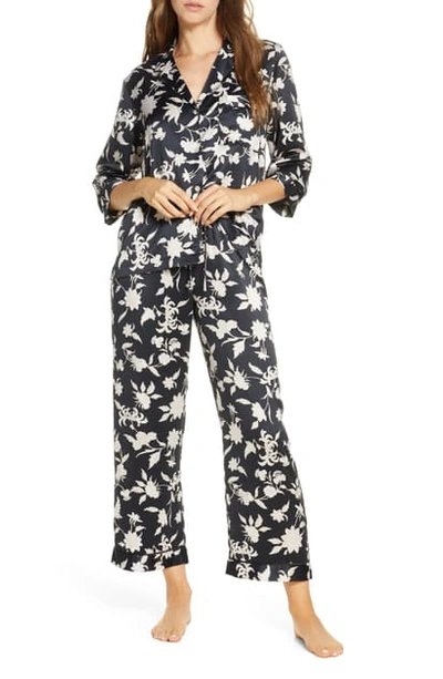 Natori Satin Floral Pajama Set In Black/ Cocoon