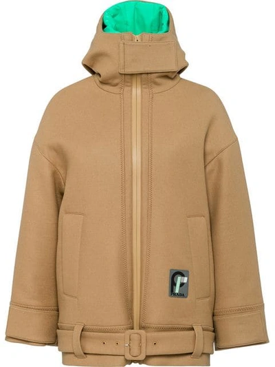 Prada Hooded Wool Jacket In F055x Camello/ Pistac