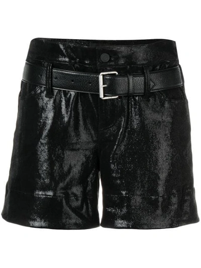 Rta Belted Coated Lizard-effect Leather Shorts In Black