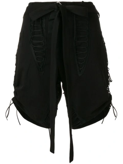 Saint Laurent Lace-up Cotton And Linen-blend Twill Shorts In Black