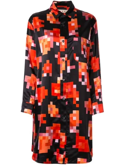 Marni Pixel Floral Print Shirt Dress In Black