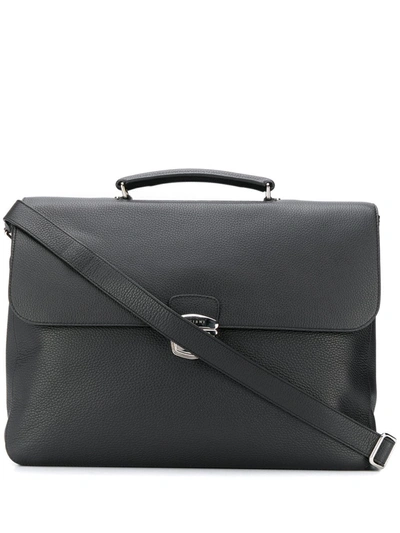 Orciani Micron Deep Black Leather Large Briefcase In Nero