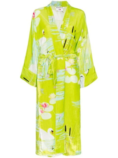 Bernadette Swan Print Belted Kimono In Green
