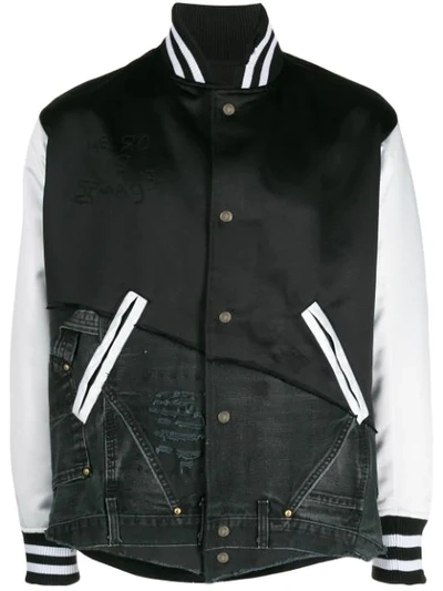 Greg Lauren Asymmetric Satin And Denim Varsity Jacket In Black