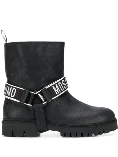 Moschino Leather Biker Boot With Logoed Ribbon With Velcro In Black