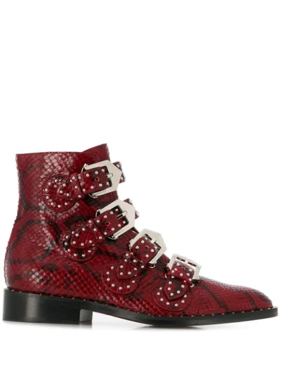 Givenchy Snakeskin Effect Buckled Ankle Boots In Red