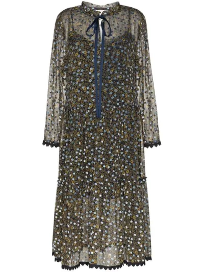 See By Chloé Micro-floral Patterned Tiered Dress In Blue