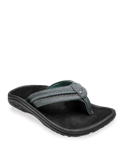 Olukai Men's Hokua Faux-leather Flip-flop Sandals In Dk Shadow/black