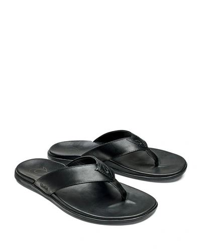 Olukai Men's Nalukai Leather Flip-flop Sandals In Black/black