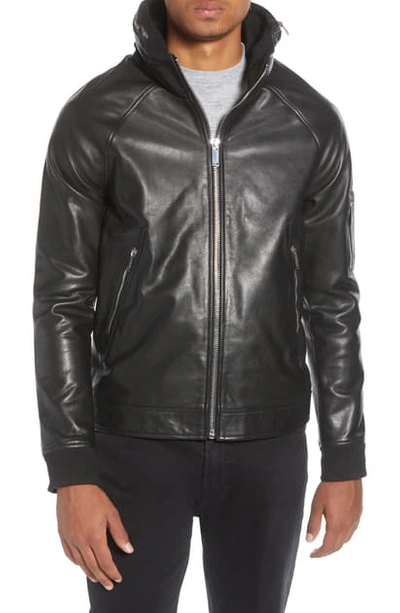 Karl Lagerfeld Men's Leather Jacket W/ Packaway Hood In Black
