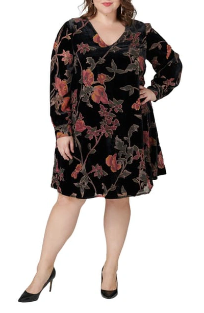 Maree Pour Toi Floral Print Long Sleeve Trapeze Dress In Black With Floral Print