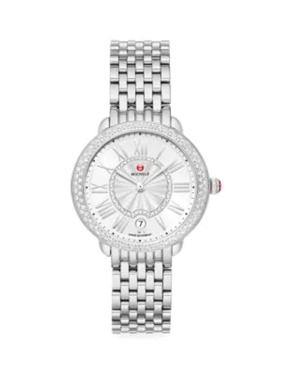 Michele Women's Serin Mid Stainless Steel Diamond Bracelet Watch In White/silver