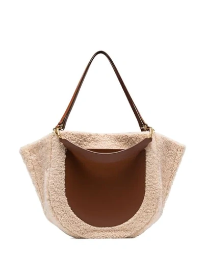 Wandler Mia Cream Shearling And Leather Tote In Brown