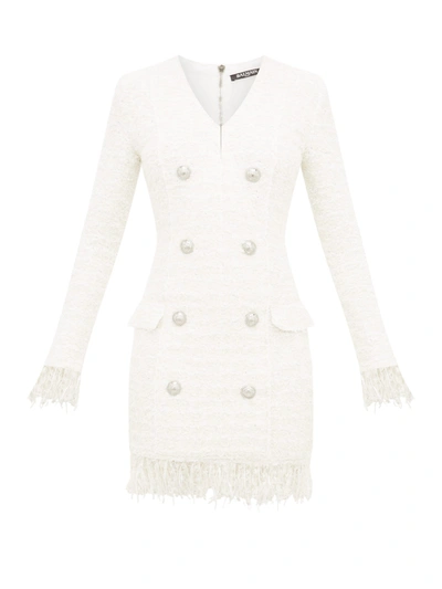 Balmain Women's Fringed Tweed Button Mini Dress In Blanc Argent