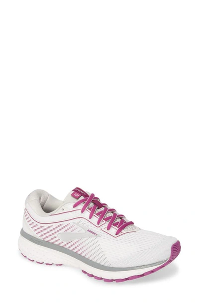 Brooks Ghost 12 Running Shoe In White/ Grey/ Hollyhock