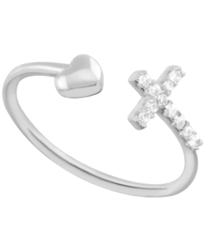 Essentials Crystal Cross & Heart Open Toe Ring In Silver-plate
