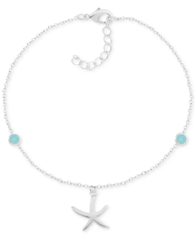 Essentials Blue Glass Starfish Anklet In Silver-plate