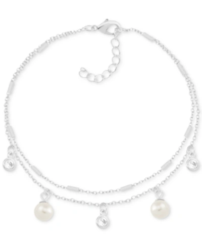 Essentials Imitation Pearl & Crystal Two-row Silver Plate Anklet