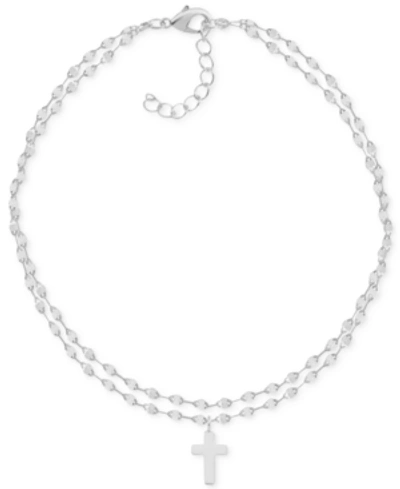 Essentials Two-row Mirror Chain Cross Silver Plate Anklet