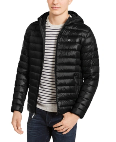 Calvin Klein Men's Big & Tall Packable Down Hooded Puffer Jacket, Created For Macy's In Shiny Black
