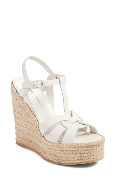 Saint Laurent Women's Tribute Leather Espadrille Wedge Sandals In White