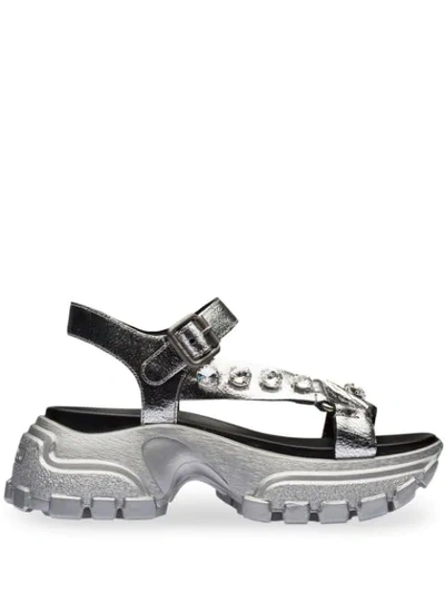 Miu Miu Embellished Leather Sandals In Silver