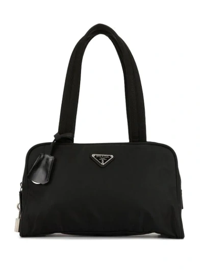 Prada Triangular Logo Plaque Shoulder Bag In Black