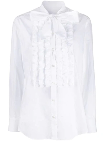 Dolce & Gabbana Ruffle Trim Tie Neck Shirt In White