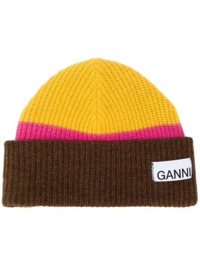 Ganni Ribbed Striped Wool-blend Beanie In Yellow