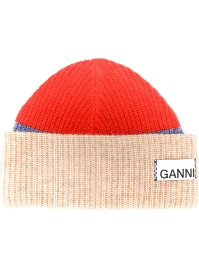 Ganni Ribbed Striped Wool-blend Beanie In 403 Fiery Red