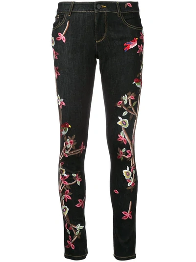 Alice And Olivia 'jane' Bird And Floral Embroidered Skinny Jeans In Washed Black/multi