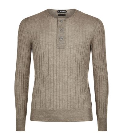 Tom Ford Ribbed Cashmere Henley Jumper In Brown | ModeSens