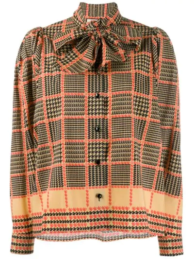 Gucci Pussy Bow Check Print Blouse In Neutrals