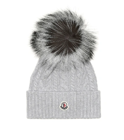 Moncler Fur Pompom Cable Knit Wool Beanie In Grey