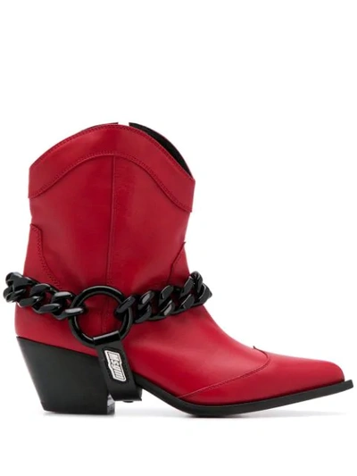 Msgm Chain Embellished Texan Boots In Red