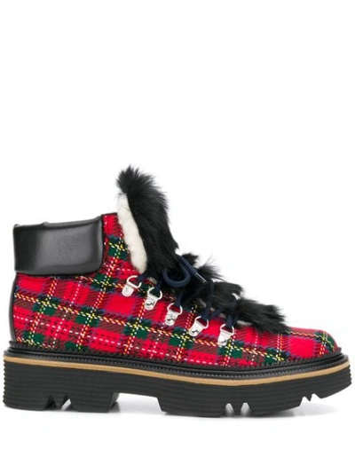 Pollini Plaid Faux-fur Detail Boots In Red